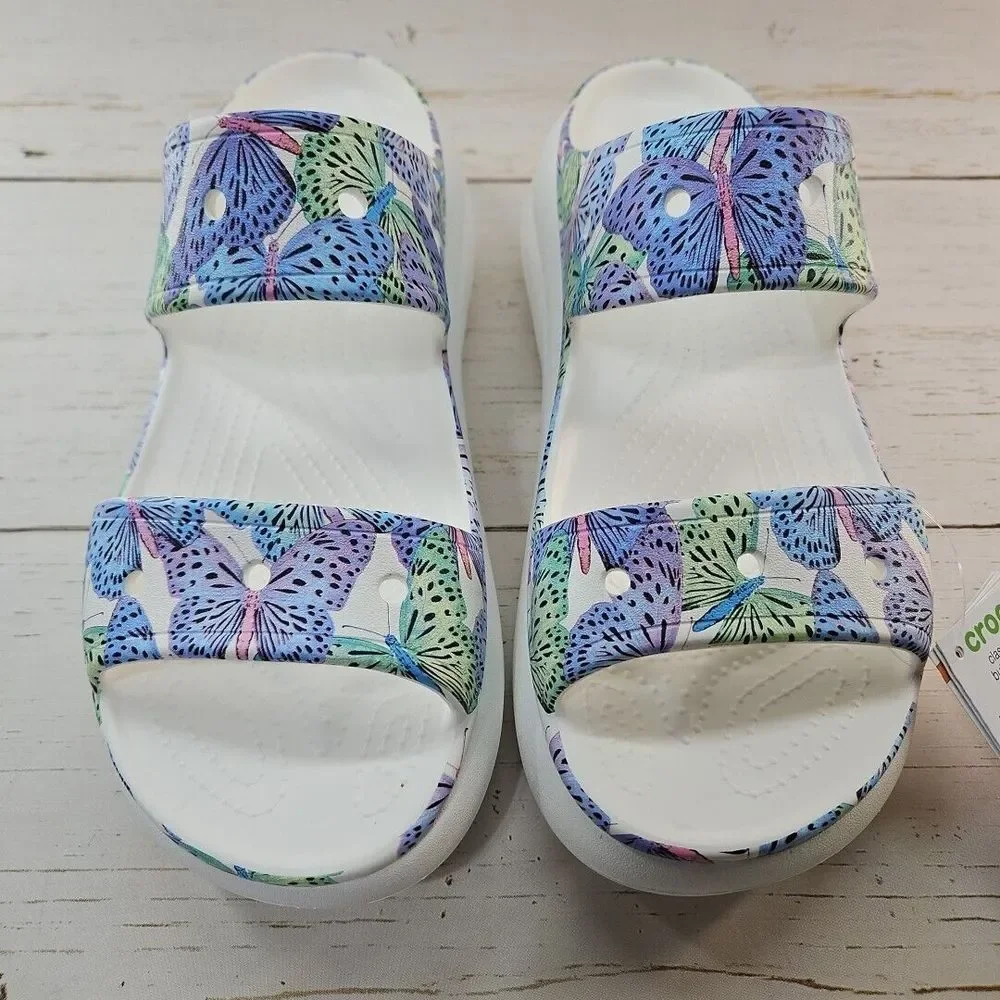 Crocs Classic Crush Butterfly Platform Heel Slip On Sandals Shoes M11 W13 Purple